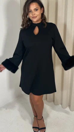 CurveWow Faux Fur Cuff Keyhole Shift Dress Black