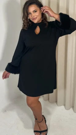 CurveWow Faux Fur Cuff Keyhole Shift Dress Black