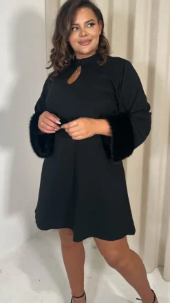 CurveWow Faux Fur Cuff Keyhole Shift Dress Black