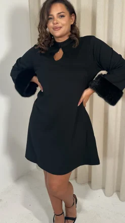 CurveWow Faux Fur Cuff Keyhole Shift Dress Black