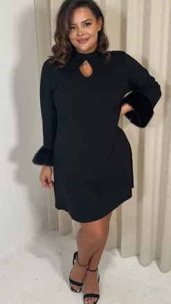 CurveWow Faux Fur Cuff Keyhole Shift Dress Black