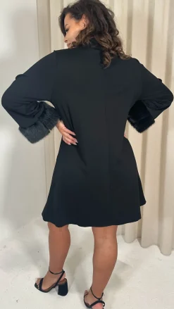 CurveWow Faux Fur Cuff Keyhole Shift Dress Black