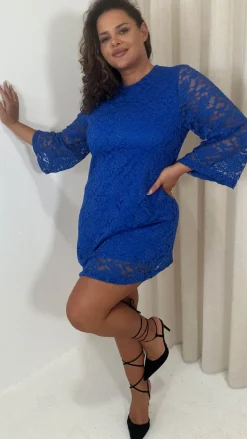 CurveWow Floral Lace Shift Dress Cobalt Blue