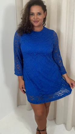 CurveWow Floral Lace Shift Dress Cobalt Blue