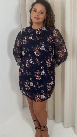CurveWow Floral Lace Shift Dress Navy