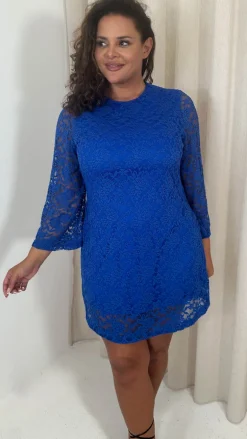 CurveWow Floral Lace Shift Dress Cobalt Blue