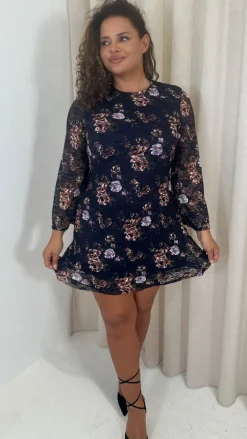 CurveWow Floral Lace Shift Dress Navy