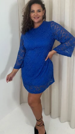 CurveWow Floral Lace Shift Dress Cobalt Blue