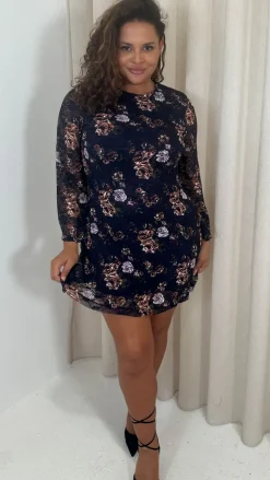 CurveWow Floral Lace Shift Dress Navy