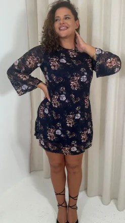 CurveWow Floral Lace Shift Dress Navy
