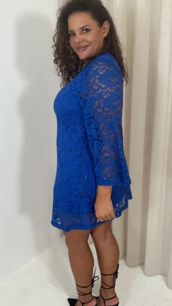 CurveWow Floral Lace Shift Dress Cobalt Blue