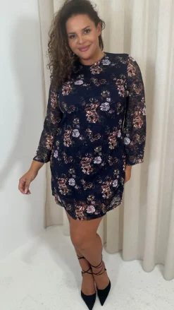 CurveWow Floral Lace Shift Dress Navy