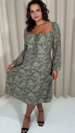 CurveWow Floral Milkmaid Midi Dress Sage