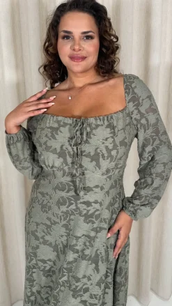 CurveWow Floral Milkmaid Midi Dress Sage