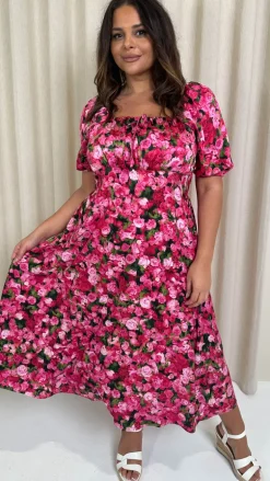 CurveWow Floral Milkmaid Dress Pink Floral