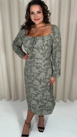 CurveWow Floral Milkmaid Midi Dress Sage