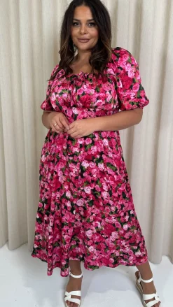 CurveWow Floral Milkmaid Dress Pink Floral