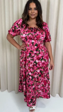 CurveWow Floral Milkmaid Dress Pink Floral