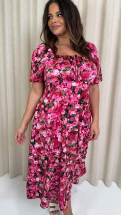 CurveWow Floral Milkmaid Dress Pink Floral