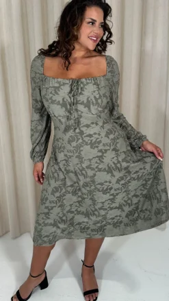 CurveWow Floral Milkmaid Midi Dress Sage