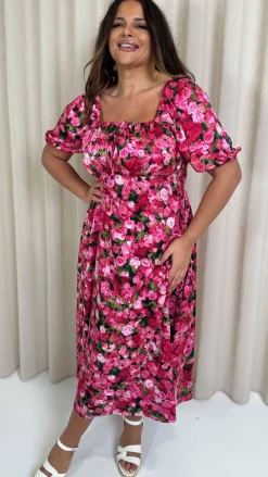 CurveWow Floral Milkmaid Dress Pink Floral