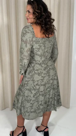 CurveWow Floral Milkmaid Midi Dress Sage