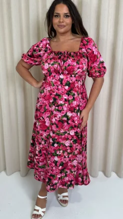 CurveWow Floral Milkmaid Dress Pink Floral