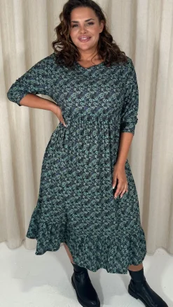 CurveWow Floral Smock Dress Blue/Green