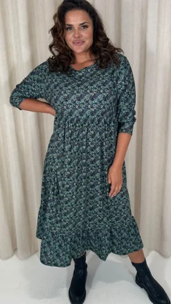 CurveWow Floral Smock Dress Blue/Green