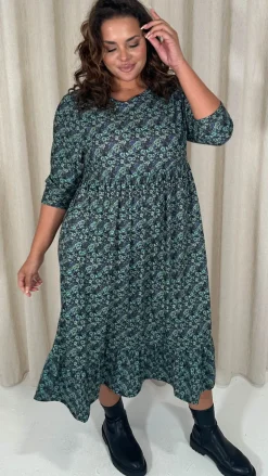CurveWow Floral Smock Dress Blue/Green