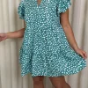 CurveWow Fluted Sleeve Smock Dress Green Smudge