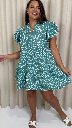 CurveWow Fluted Sleeve Smock Dress Green Smudge