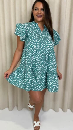 CurveWow Fluted Sleeve Smock Dress Green Smudge