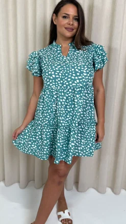 CurveWow Fluted Sleeve Smock Dress Green Smudge