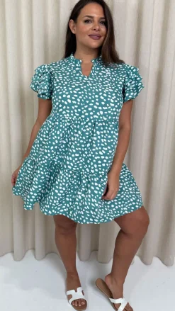 CurveWow Fluted Sleeve Smock Dress Green Smudge