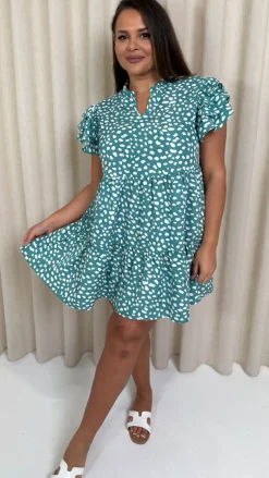 CurveWow Fluted Sleeve Smock Dress Green Smudge