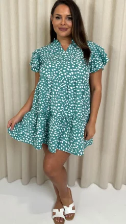 CurveWow Fluted Sleeve Smock Dress Green Smudge