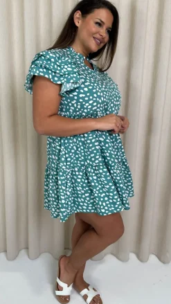 CurveWow Fluted Sleeve Smock Dress Green Smudge