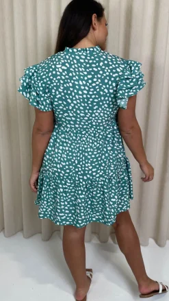 CurveWow Fluted Sleeve Smock Dress Green Smudge