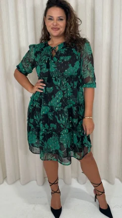 CurveWow Foil Printed Smock Mini Dress Green Floral