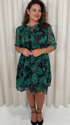 CurveWow Foil Printed Smock Mini Dress Green Floral