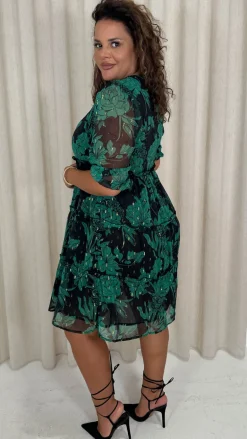 CurveWow Foil Printed Smock Mini Dress Green Floral