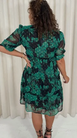 CurveWow Foil Printed Smock Mini Dress Green Floral