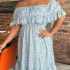 CurveWow Frill Bardot Dress Blue Floral