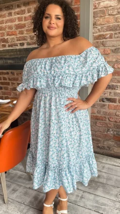 CurveWow Frill Bardot Dress Blue Floral