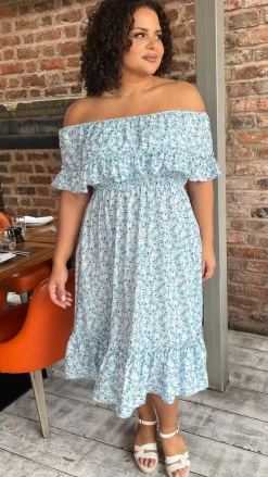 CurveWow Frill Bardot Dress Blue Floral
