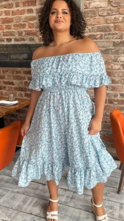 CurveWow Frill Bardot Dress Blue Floral