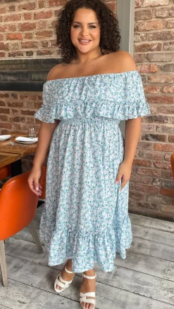CurveWow Frill Bardot Dress Blue Floral