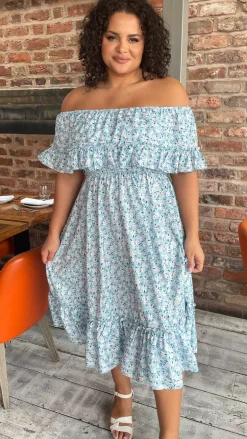 CurveWow Frill Bardot Dress Blue Floral