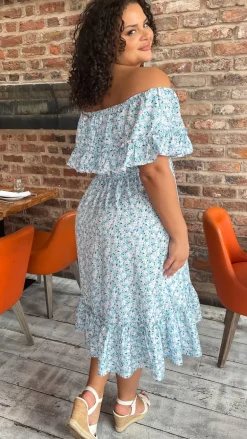 CurveWow Frill Bardot Dress Blue Floral